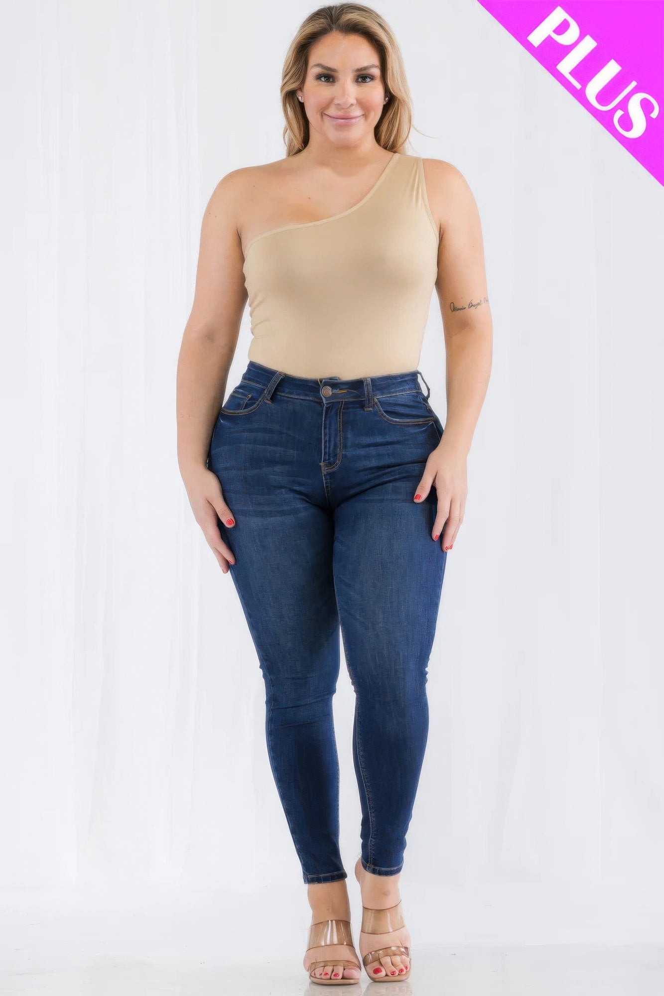 Plus size one shoulder solid casual bodysuit