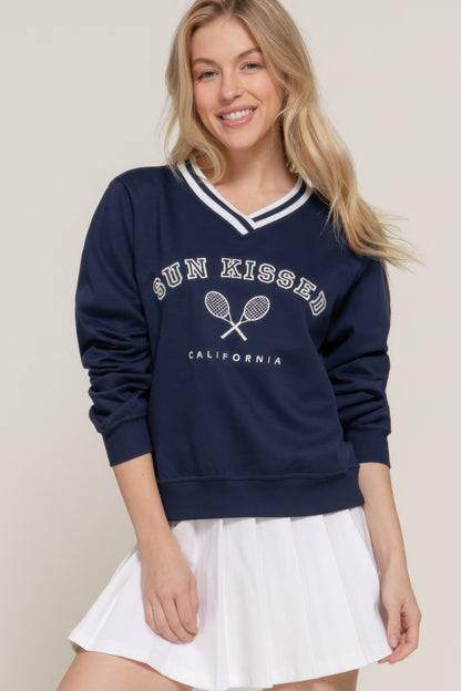 Long slv v-neck embroidered sweatshirt