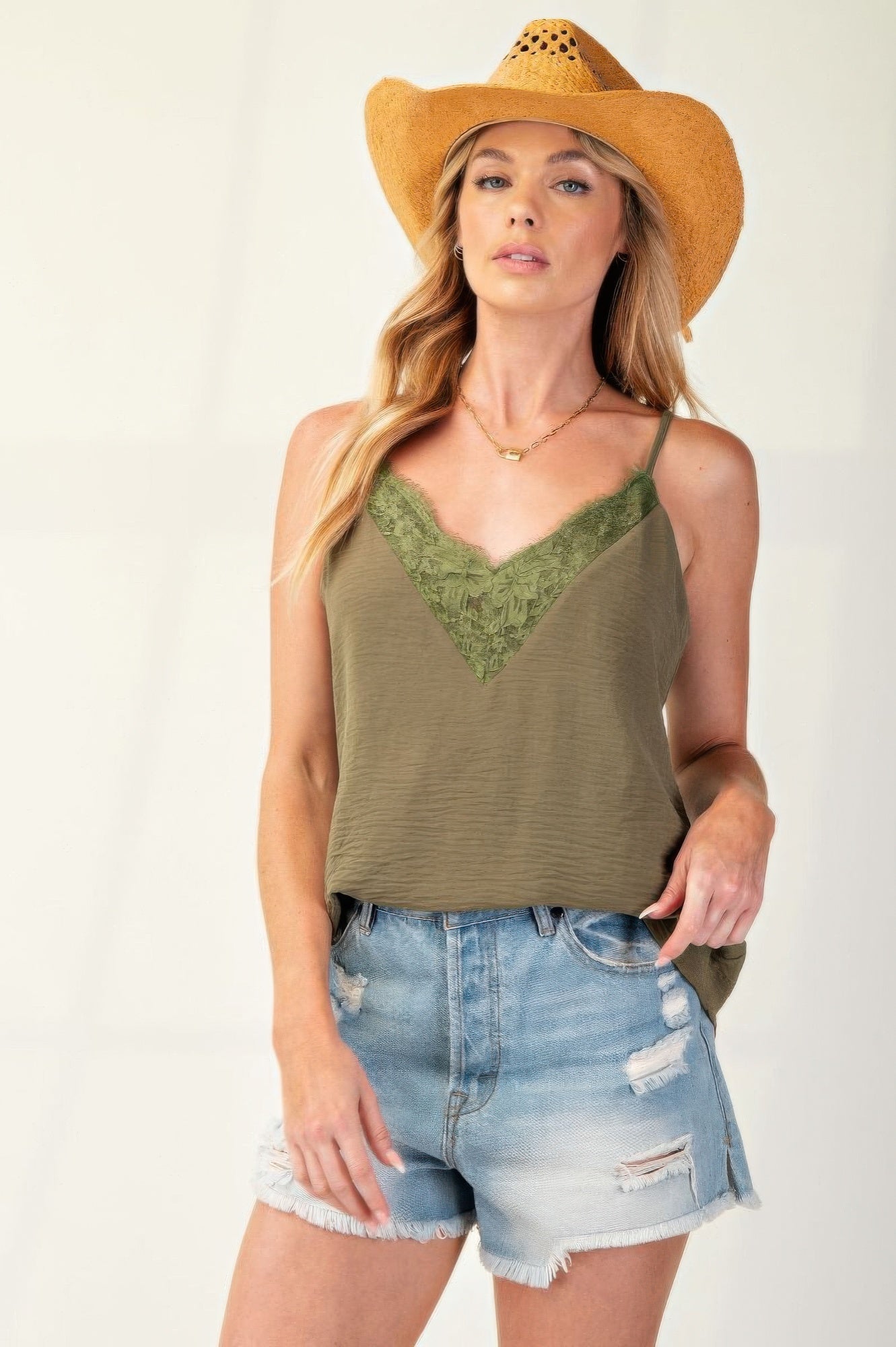 Laced textured poly woven camisole