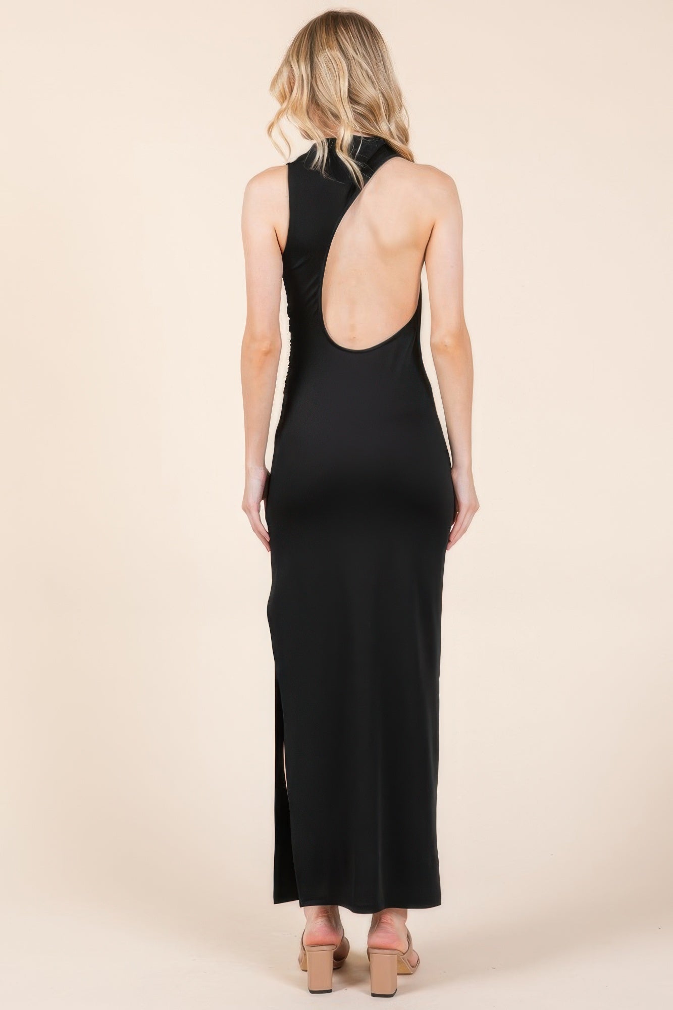 Back Cut Out Side Shirring Side Slit Maxi Dress