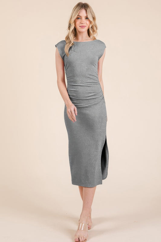 Cap Sleeve Boatneck Open Back Midi Dress