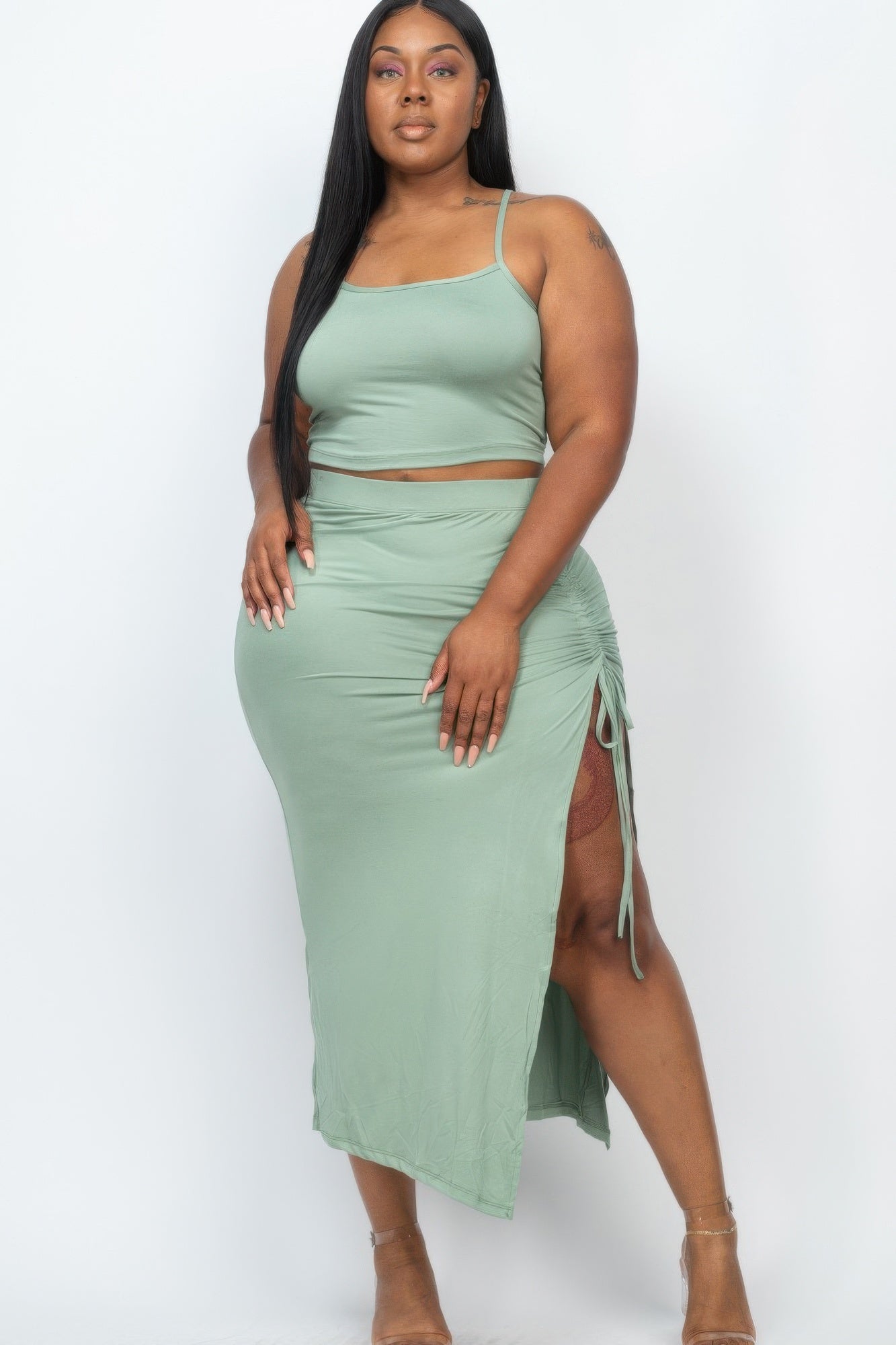 Plus Size Cami Crop Top & Ruched Side Split Hem Midi Skirt Set