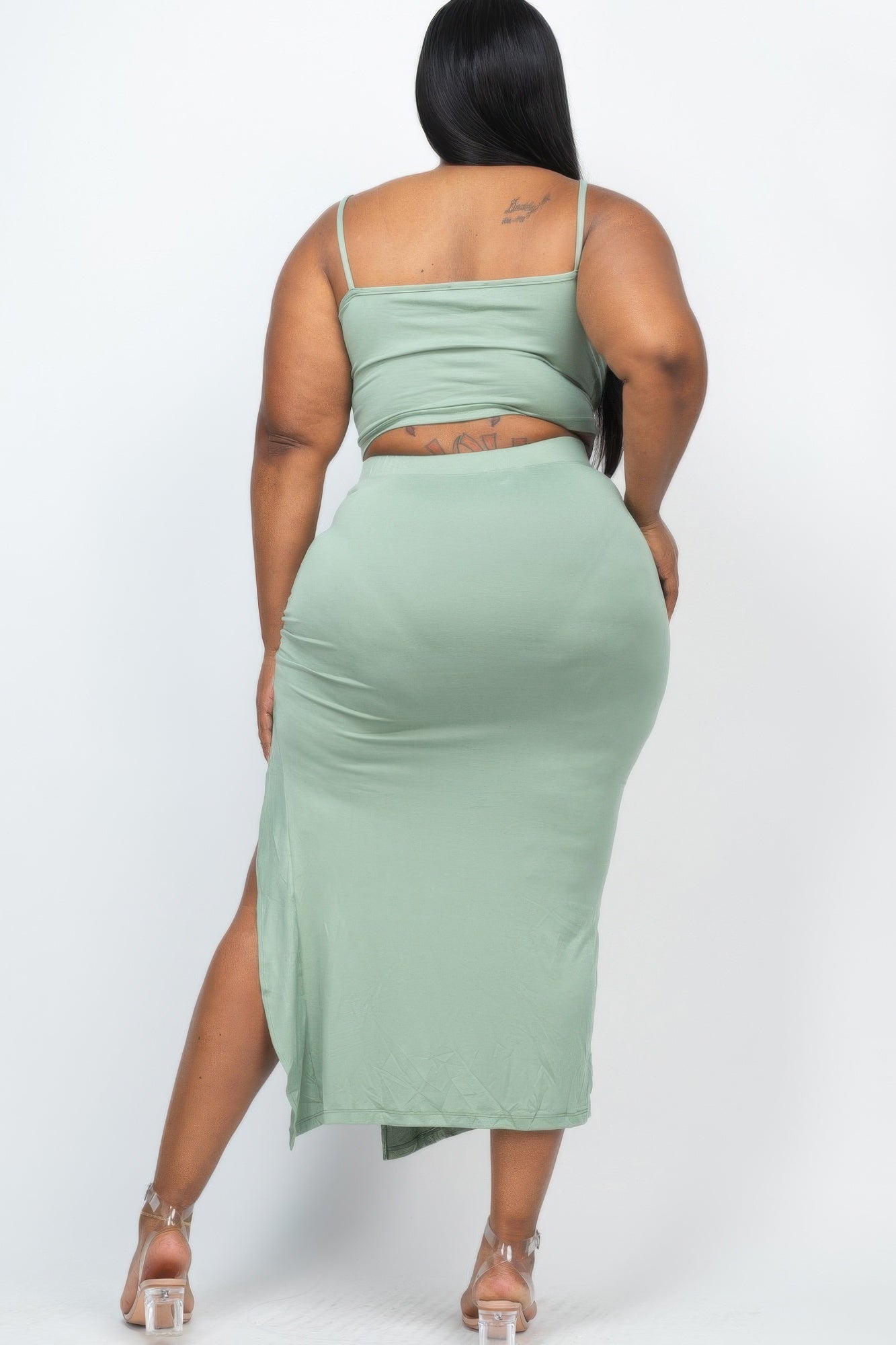 Plus Size Cami Crop Top & Ruched Side Split Hem Midi Skirt Set