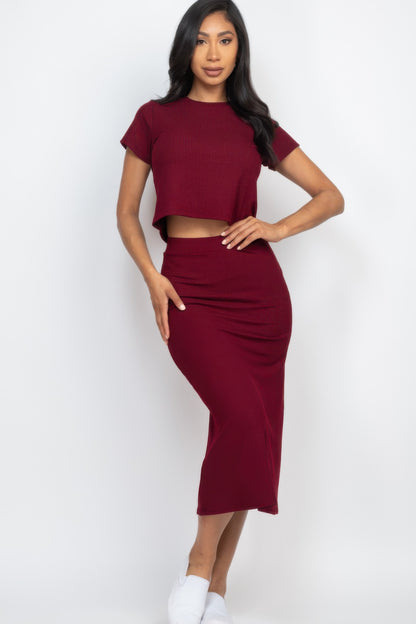 Short Sleeve Ribbed Top & Midi Skirt Se