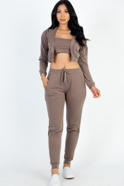 French Terry Cropped Cami With Zip-up Jacket And Joggers Set