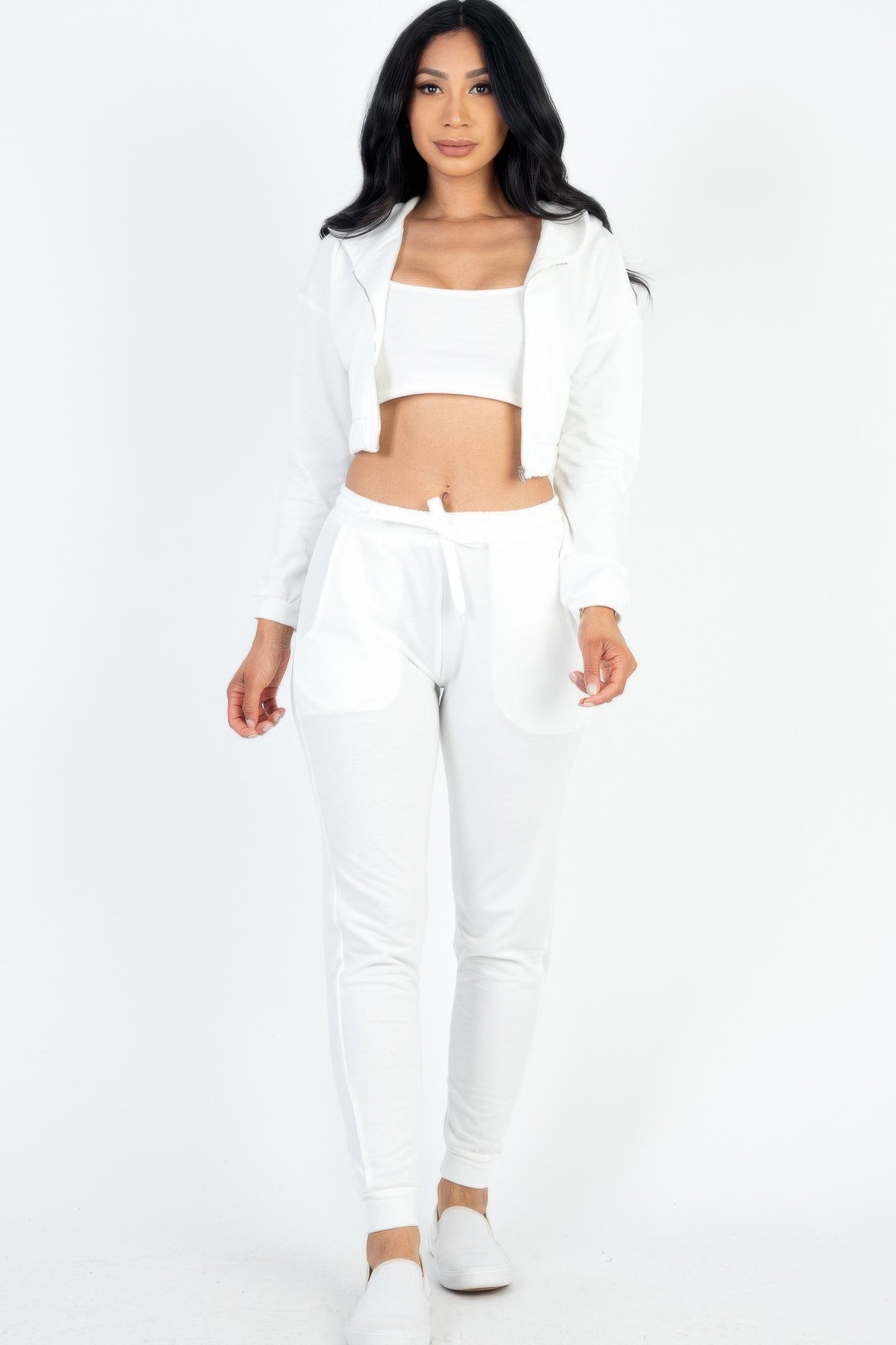 French Terry Cropped Cami With Zip-up Jacket And Joggers Set