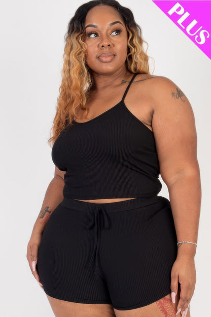 Plus Size Ribbed Crop Cami Top & Shorts Set