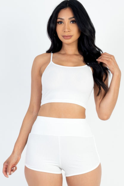 Ribbed Cami Crop Top & Ruched Shorts Set