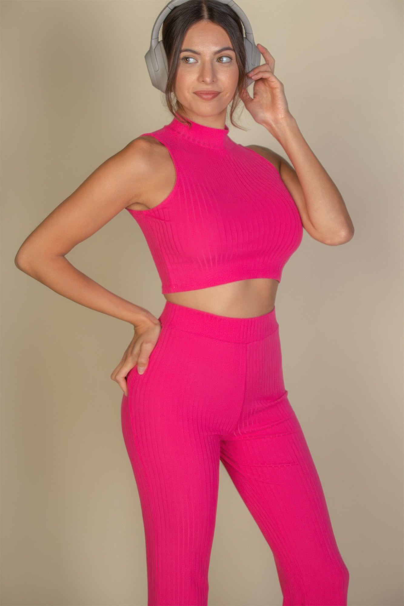 Ribbed Mock Neck Crop Tank Top & Bootcut Pants Set