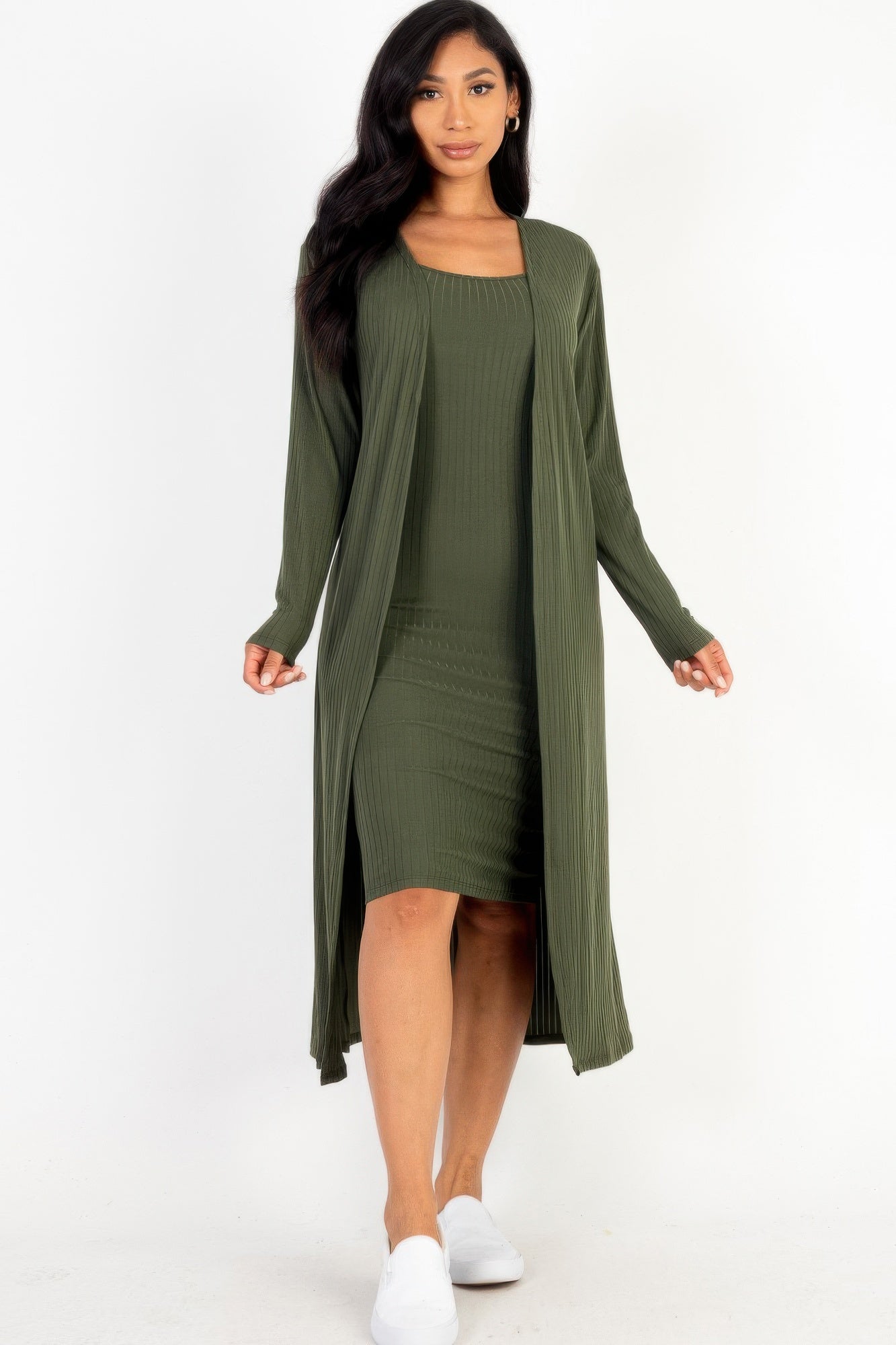 Ribbed Cardigan & Cami Midi Bodycon Dress