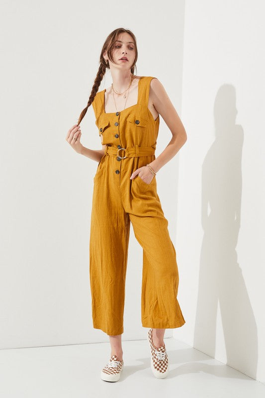 SLEEVELESS SQUARE NECK BUTTON DOWN ANKLE JUMPSUIT